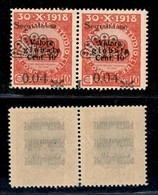 OCCUPAZIONI I GUERRA MONDIALE - FIUME - 1921 - Segnatasse - 0.04 Lire Su 10 Cent (26g+26t) - Coppia Orizzontale Con Sopr - Other & Unclassified