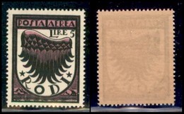 COLONIE - EGEO - EMISSIONI GENERALI - 1934 - 5 Lire Ala (33A) - Gomma Integra (con Falle Naturali) - Cert. AG (7000) - Other & Unclassified