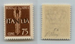 RSI - G.N.R. VERONA - 1944 - 75 Cent (119a Varietà - Aerea) Con Soprastampa Capovolta - Punto Grosso Dopo R - Gomma Inte - Autres & Non Classés