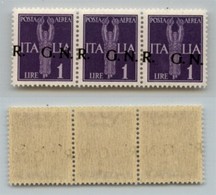 RSI - G.N.R. VERONA - 1944 - 1 Lira (121cb - Aerea) - Striscia Di Tre Con Soprastampe Oblique (R GN) - Gomma Integra - C - Other & Unclassified