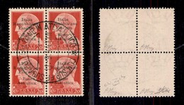 EMISSIONI LOCALI - BASE ATLANTICA - 1943 - 20 Cent (8 + 8g) In Quartina Usata - I Di Italia Capovolto In Alto A Destra ( - Altri & Non Classificati