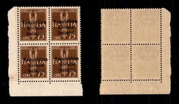 EMISSIONI LOCALI - TERAMO - 1944 - 75 Cent (14) - Quartina Angolare (pos. 81/92) Con Soprastampa Obliqua - Gomma Integra - Other & Unclassified