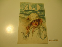 HARRISON FISHER , WOMAN WITH WHITE HAT SAILING BOATS  , ART DECO , OLD POSTCARD   , 0 - Fisher, Harrison