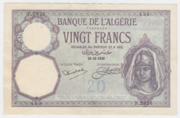 Algeria 20 Francs 1928 VF++ Banknote P 78b 78 B - Algerien