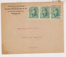 COB 167 Bande De Trois Vers Courtrai Jules Wauquez à Bruxelles Draps Et Nouveautés - 1919-1920 Roi Casqué