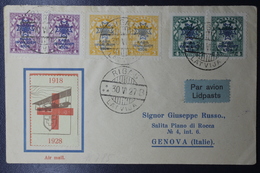 LATVIJA First Flight Cover 30-11-1927  Mi. 100 - 102  With Red Cross Label Riga To Genova Italy - Letonia