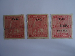 INDE- ETATS PRINCIERS - TRAVANCORE COCHIN - 3 TAX STAMPS "ONE ANNA REVENUE" - 1 Stamp Overload "5 NP. KERALA" SEE - Travancore-Cochin