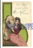 Jeune Femme Et Cochon. Viel Glück Im Neuen Jahre. 1902. Signée Mailick - Mailick, Alfred