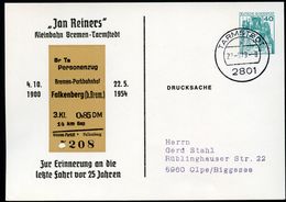 NARROW GAUGE RAILROAD "JAN REINERS" Bremen-Tarmstedt Germany STO Postal Card PP100 B2/003 Postmark Tarmstedt 1979 - Trenes