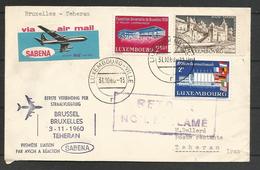 Aérophilatélie - Carte 31/10/60 Luxembourg - 1er Vol Sabena Bruxelles-Téhéran - Wilz - Expo Bruxelles 58 - Lettres & Documents