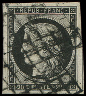 EMISSION DE 1849 - 3a   20c. Noir Sur Blanc, Grandes Marges, Amorce De Voisin à Droite, Obl. GRILLE, TTB - 1849-1850 Cérès