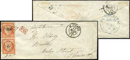 Let EMISSION DE 1849 - 5    40c. Orange, PAIRE, Obl. PC 3256 S. Env., Càd T15 ST QUENTIN 17/4/52, Arr. Càd Bleu PLYMOUTH - 1849-1850 Cérès