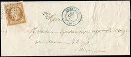 Let EMPIRE NON DENTELE - 13A  10c. Bistre, T I, Obl. PC 1451 S. LSC, Càd T15 GRENELLE 21/10/59 En BLEU, TTB - 1853-1860 Napoleone III