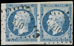 EMPIRE NON DENTELE - 14A  20c. Bleu, T I, PAIRE Marges énormes, Obl. PC 410, TTB - 1853-1860 Napoléon III