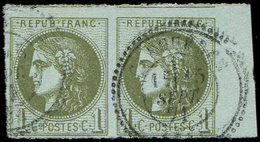 EMISSION DE BORDEAUX - 39B   1c. Olive, R II, PAIRE Bdf Obl. Càd Perlé T24 15/9/71, Inf. Pelurage S. 1 Ex. Mais Néanmoin - 1870 Bordeaux Printing