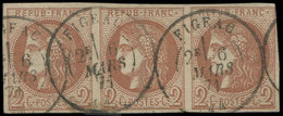 EMISSION DE BORDEAUX - 40B   2c. Brun-rouge, R II, BANDE De 3 Obl. Càd T17 FIGEAC 6/3/71, R Et TTB. Br - 1870 Ausgabe Bordeaux