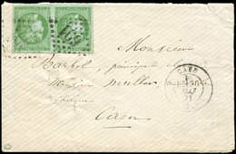 Let EMISSION DE BORDEAUX - 42B   5c. Vert Jaune, R II, PAIRE (pli Entre Les T.) Obl. GC 691 S. Env., Càd T17 CAEN 30/5/7 - 1870 Bordeaux Printing