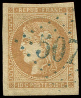 EMISSION DE BORDEAUX - 43A  10c. Bistre, R I, Obl. GC Bleu 507( ), Au Filet Dans Un Angle, Frappe TTB - 1870 Emission De Bordeaux