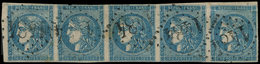 EMISSION DE BORDEAUX - 45C  20c. Bleu, T II R III, BANDE De 5 Obl. GC 1484, Filet Effleuré S. 2e T., RR En Bande, TB, Co - 1870 Emissione Di Bordeaux