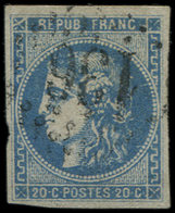 EMISSION DE BORDEAUX - 46Ad 20c. Bleu OUTREMER, T III, R I, Obl. GC 136, Variété D'impression Coin Supérieur Gauche, TB - 1870 Bordeaux Printing