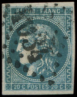 EMISSION DE BORDEAUX - 46B  20c. Bleu, T III, R II, RR Nuance VERDATRE, Obl. GC, TB - 1870 Bordeaux Printing