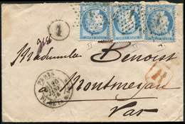 Let CERES DENTELE - 60B  25c. Bleu, T II, 3 Ex. (2 Nuances) Obl. Etoile 1 Pl. De La Bourse 20/1/74 S. Env. Rec., TB - 1871-1875 Ceres