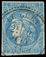 OBLITERATIONS PAR DEPARTEMENTS - 17/CHER N°46B 20c. Bleu T III R II Obl. Càd T24 LE GUETIN 2/6/71, Petites Marges, Frapp - 1849-1876: Période Classique