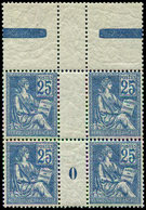 ** EMISSIONS DU XXème SIECLE - 114   Mouchon, 25c. Bleu, BLOC De 4 Mill.0, Bdf Inter-galvano, Très Bien Centré, Frais Et - Unused Stamps