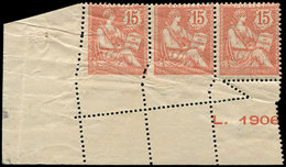* VARIETES - 125   Mouchon Retouché, 15c. Vermillon, BANDE De 3 Cdf Avec Variété De PIQUAGE, 2 Ex. Cl., Sinon TB - Unused Stamps