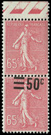 ** VARIETES - 224k  Semeuse Lignée, 50c. S. 65c. Rose, Surcharge Tenant à NON SURCHARGE, TB, Cote Maury - Unused Stamps