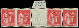 ** VARIETES - 283   Paix, 50c. Rose-rouge, BANDE De 4 Interp., 2 Ex. T IIA, RR Et TB - Neufs