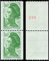 ** VARIETES - 2222b  Liberté, 1,60 Vert, PAIRE De Roulette SANS PHOSPHO, Un Ex. N° Rouge, TB - Unused Stamps