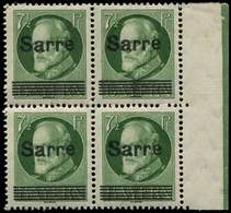 ** SARRE 19 : 7 1/2pf. Vert, BLOC De 4 Bdf, Ch. Sur Un T., TB - Unused Stamps