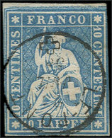 SUISSE 27a : 10r. Bleu, Obl., Fil De Soie Rouge, TB - Used Stamps