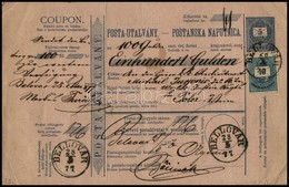 1877 Kétnyelvű Postautalvány 100 Guldenről 5kr Díjjeggyel, 10kr Kiegészítéssel 'BELLOVÁR' - 'POLA' - Sonstige & Ohne Zuordnung