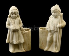 Síelő Kisfiú és Fülvédős Lány, Fehér Mázas Porcelán, Jelzés Nélkül, M:9 Cm (2×) - Andere & Zonder Classificatie