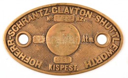 1927 Hofherr-Schrantz -Clay-Shuttleworth  Kispest. Gép Reklám Tábla Rézből 17 Cm - Sonstige & Ohne Zuordnung