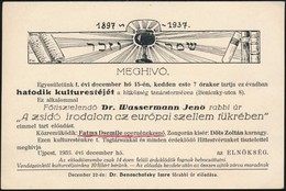 1936 Meghívó A Dr. Venetianer Lajos Izraelita Közművelődési Egyesület Újpest által Szervezett Kultúrestre, 'A Zsidó Irod - Otros & Sin Clasificación