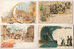 4 Db RÉGI Külföldi Szecessziós Litho Képeslap: Venedig In Wien, München / 4 Pre-1901 European Art Nouveau Litho Postcard - Ohne Zuordnung