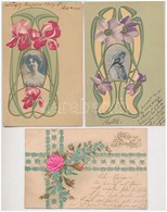 3 Db RÉGI Díszes Litho Motívum Képeslap: Szecessziós üdvözlőlapok, Vegyes Minőség / 3 Pre-1905 Decorated Litho Motive Po - Non Classés