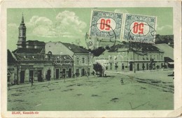 T2/T3 1919 Zilah, Zalau; Kossuth Tér, Templom, Seres Samu, Éder M. és Fia, Pergei üzlete / Square, Church, Shops (kopott - Non Classés