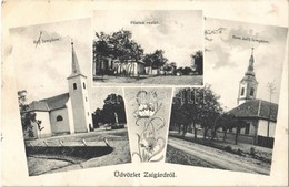 T2/T3 Zsigárd, Zigárd, Zihárec; Református és Római Katolikus Templom, Fő Utca / Churches, Main Street. Art Nouveau (EK) - Autres & Non Classés