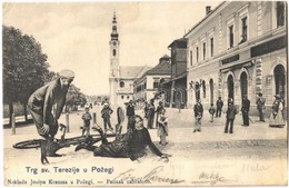 T3 1903 Pozsega, Pozega; Trg Sv. Terezije. Naklada Josipa Krausza / Square, Church, Shops. Montage With Bicycle Accident - Autres & Non Classés