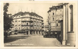 T2 1930 Baden Bei Wien, Josefsplatz Mit Hotel Waldeck, Schell Benzin Pumpe Prokopp / Square, Hotel, Automobile, Cafe, Sh - Sonstige & Ohne Zuordnung
