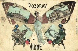 T3 1905 Wien, Vienna, Víden, Bécs; Pozdrav Z Vídne. Radnice, C.k. Dvorní Opera, Pomnik Marie Terezie, Obrovské Kolo V Pr - Sonstige & Ohne Zuordnung