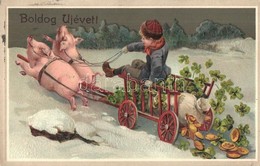 * T2 Boldog Újévet! Dombornyomott Litho üdvözlőlap Malacokkal és Lóherével / New Year Greeting Art Postcard, Pig Cart Wi - Non Classés