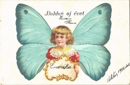 T2 1900 Boldog Új Évet! / New Year Greeting Art Postcard With Butterfly Girl. Litho - Non Classés