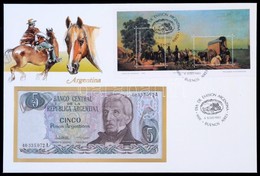 Argentína 1983-1984. 5P Felbélyegzett Borítékban, Bélyegzéssel T:I 
Argentina 1983-1984. 5 Pesos In Envelope With Stamp  - Unclassified