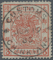 China: 1878, Large Dragon Thin Paper 3 Ca. Dark Red Canc. Full Strike "CUSTOMS CHINKIANG JUN 19 80" - Other & Unclassified