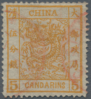 China: 1878, Large Dragon Thin Paper 3 Ca. Orange Canc. Red Customs Dater, Top Slight Crease (Michel - Altri & Non Classificati